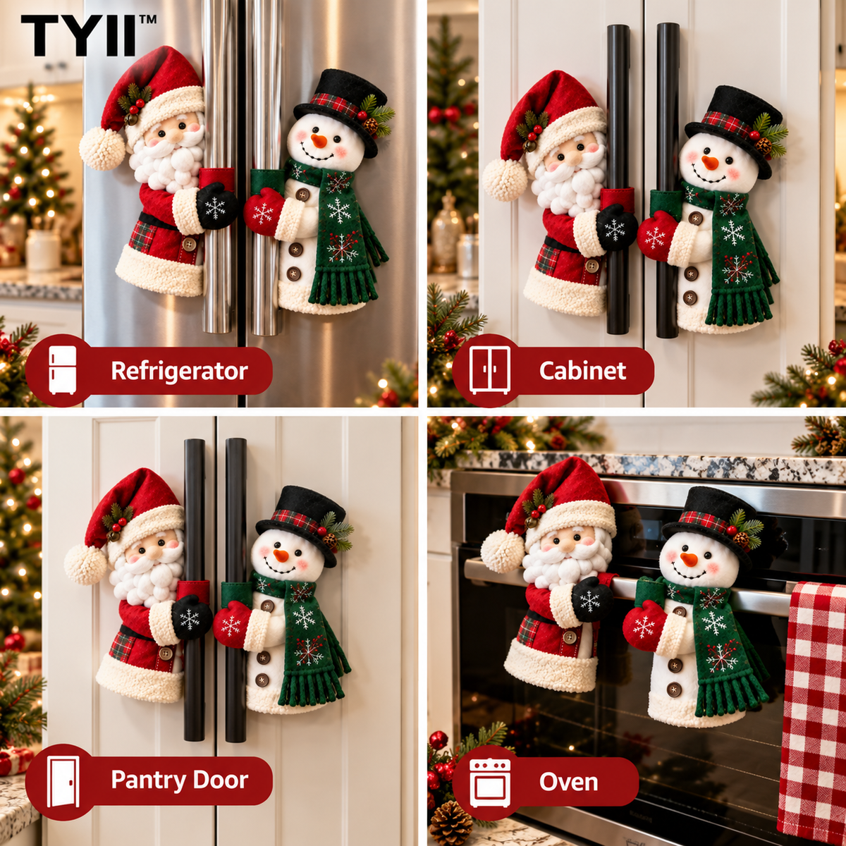 TYII™ Christmas Refrigerator Handle Covers – Santa & Snowman Plush Fridge Handle Decorations