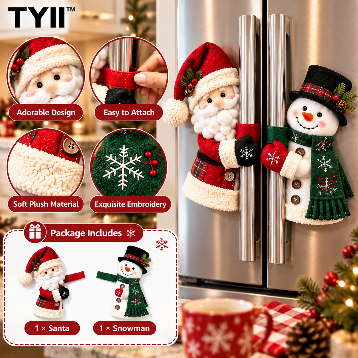 TYII™ Christmas Refrigerator Handle Covers – Santa & Snowman Plush Fridge Handle Decorations