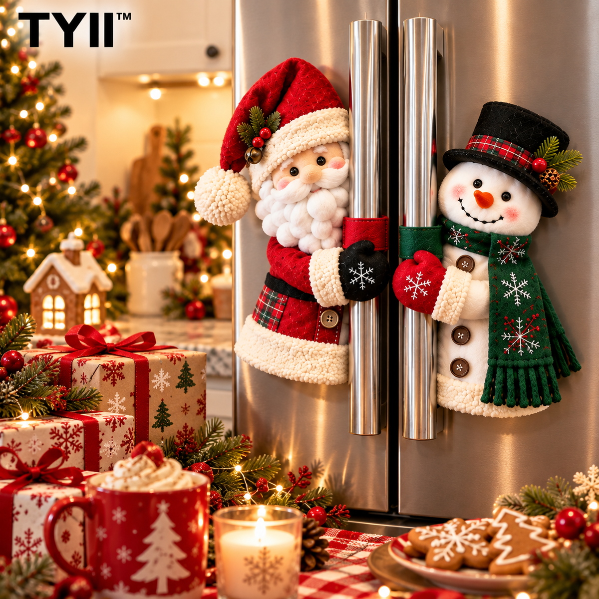 TYII™ Christmas Refrigerator Handle Covers – Santa & Snowman Plush Fridge Handle Decorations