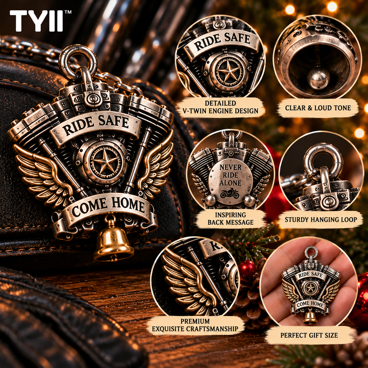 TYII™ V-Twin Engine Guardian Bell Gift Set – Ride Safe Come Home Motorcycle Bell, Meaningful Gift for Bikers