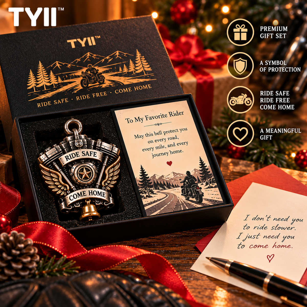 TYII™ V-Twin Engine Guardian Bell Gift Set – Ride Safe Come Home Motorcycle Bell, Meaningful Gift for Bikers