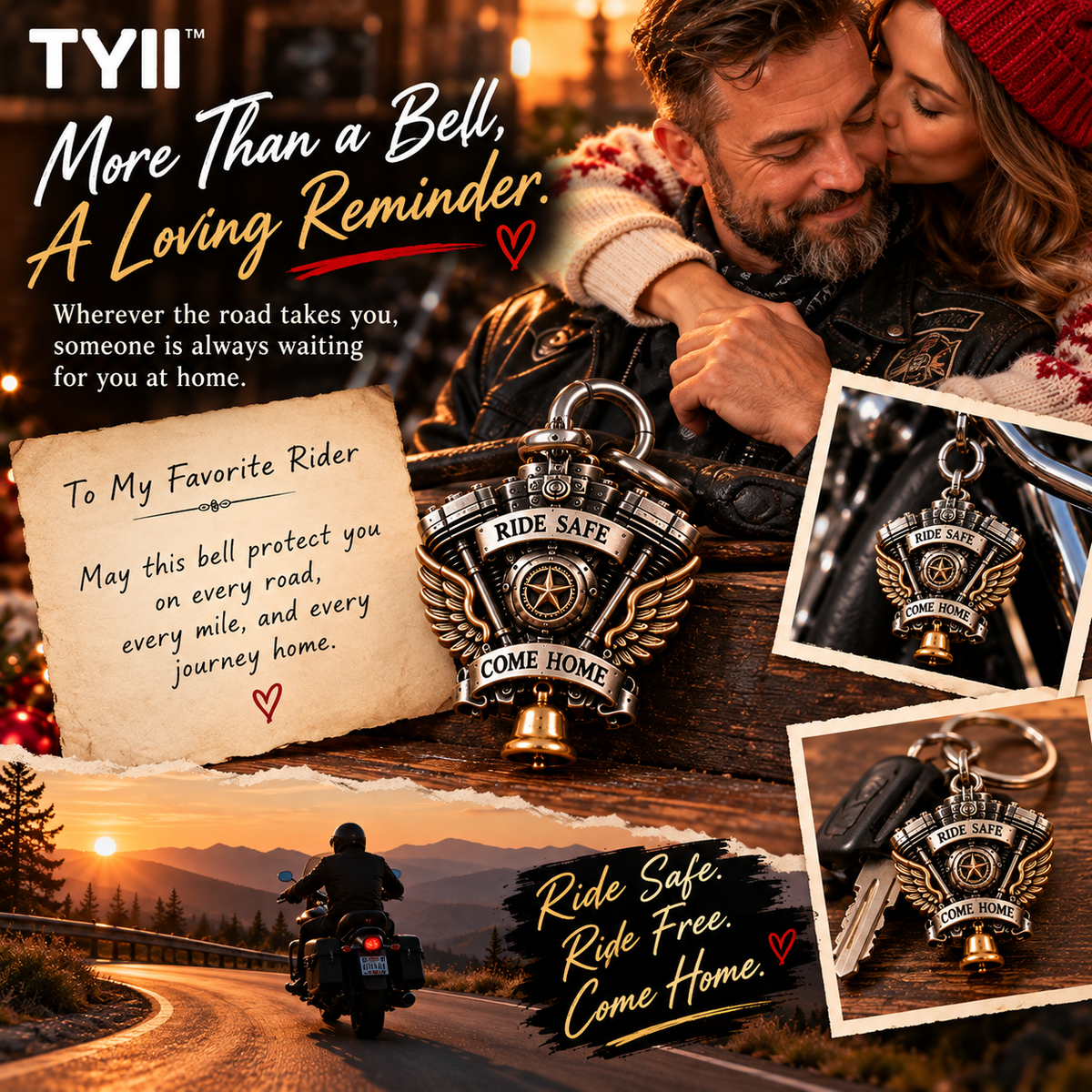 TYII™ V-Twin Engine Guardian Bell Gift Set – Ride Safe Come Home Motorcycle Bell, Meaningful Gift for Bikers