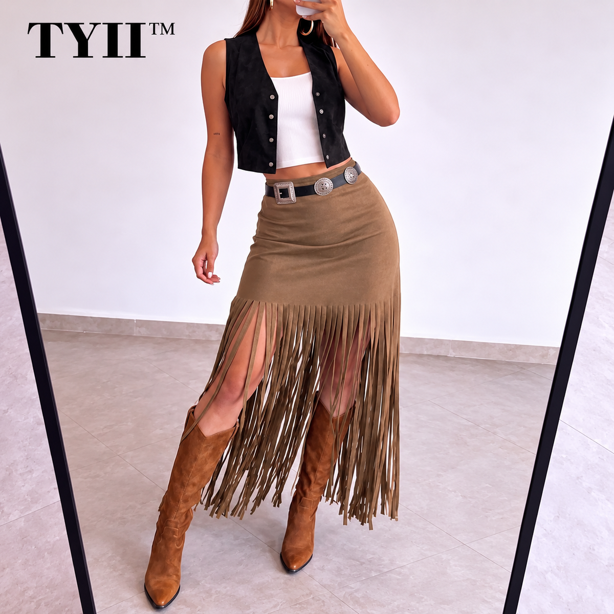 TYII™ Women's Y2K Western Fringe Midi Skirt – High-Waist Fitted Tassel Skirt