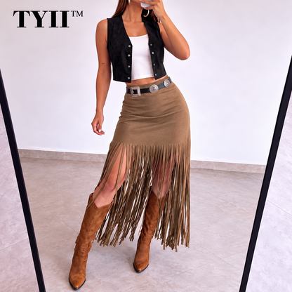 TYII™ Women's Y2K Western Fringe Midi Skirt – High-Waist Fitted Tassel Skirt