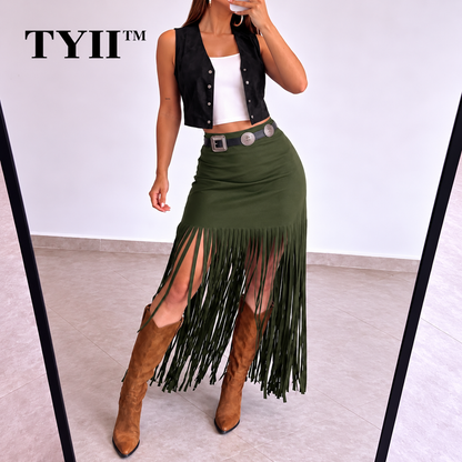 TYII™ Women's Y2K Western Fringe Midi Skirt – High-Waist Fitted Tassel Skirt