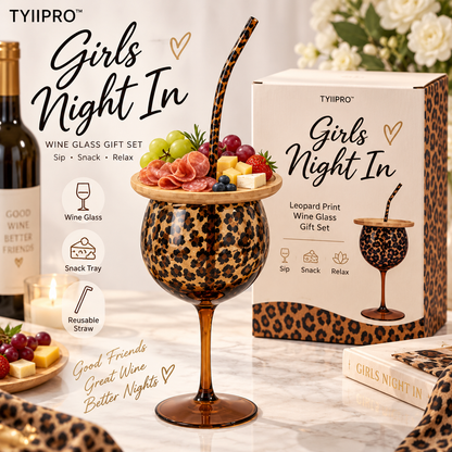 TYIIPRO™ Leopard Print Wine Glass Set with Snack Tray & Reusable Straw – 20.6 oz Girls’ Night Gift Set