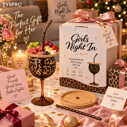 TYIIPRO™ Leopard Print Wine Glass Set with Snack Tray & Reusable Straw – 20.6 oz Girls’ Night Gift Set