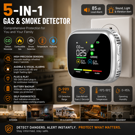 5-in-1 Plug-In Gas & Smoke Detector with LCD Display
