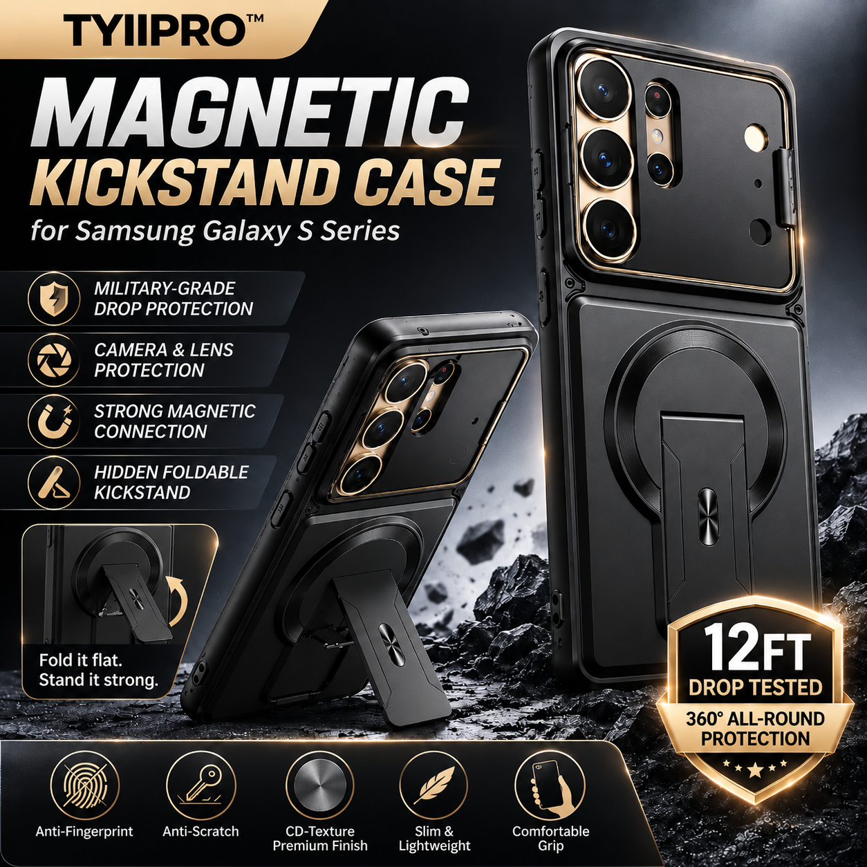 TYIIPRO™ Magnetic Kickstand Phone Case for Samsung Galaxy S Series – Shockproof Slim Case with Camera Lens Protection & Hidden Stand
