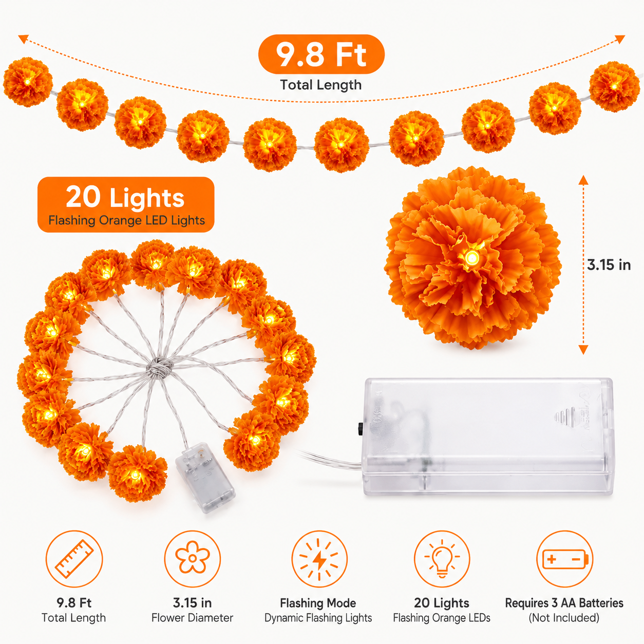 🎃🌼 Mexican Marigold Flower String Lights