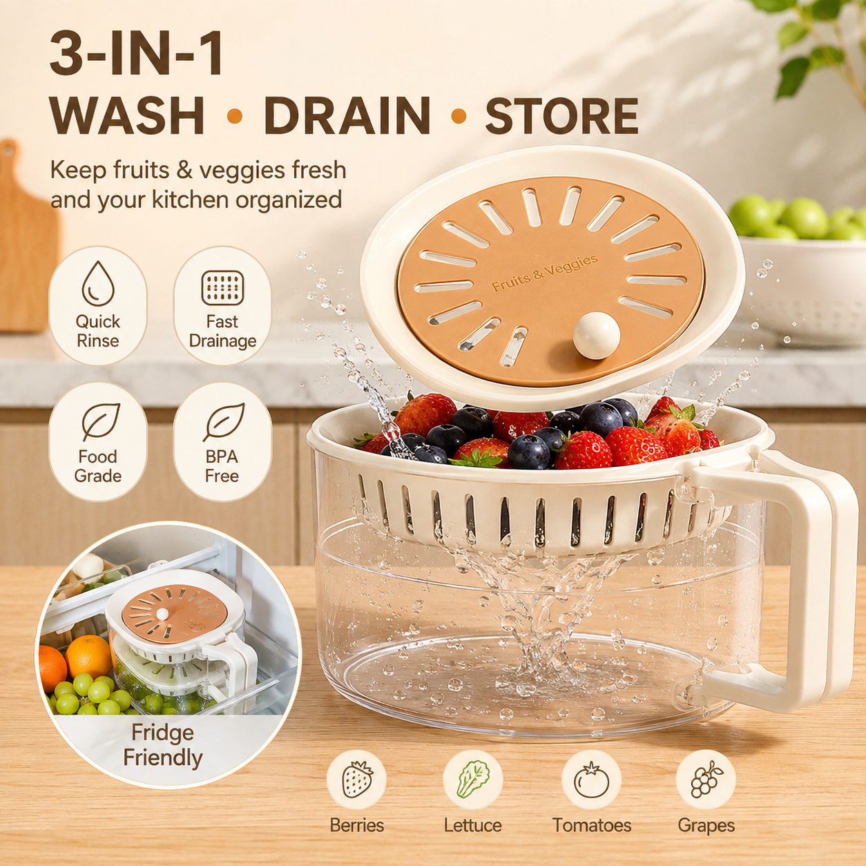 🥬 Tyiipro™  3-in-1 Fruit & Vegetable Washing Bowl with Strainer