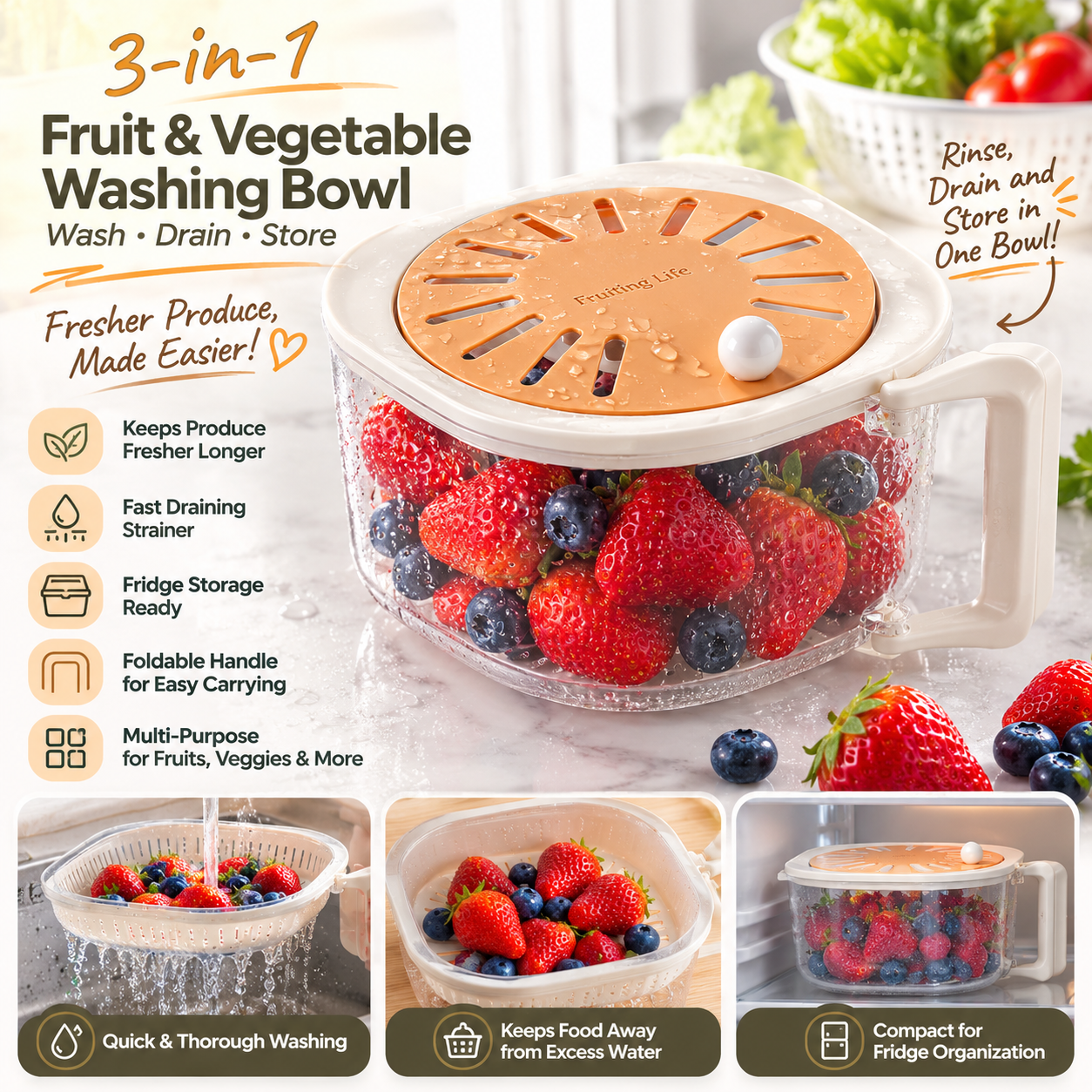 🥬 Tyiipro™  3-in-1 Fruit & Vegetable Washing Bowl with Strainer