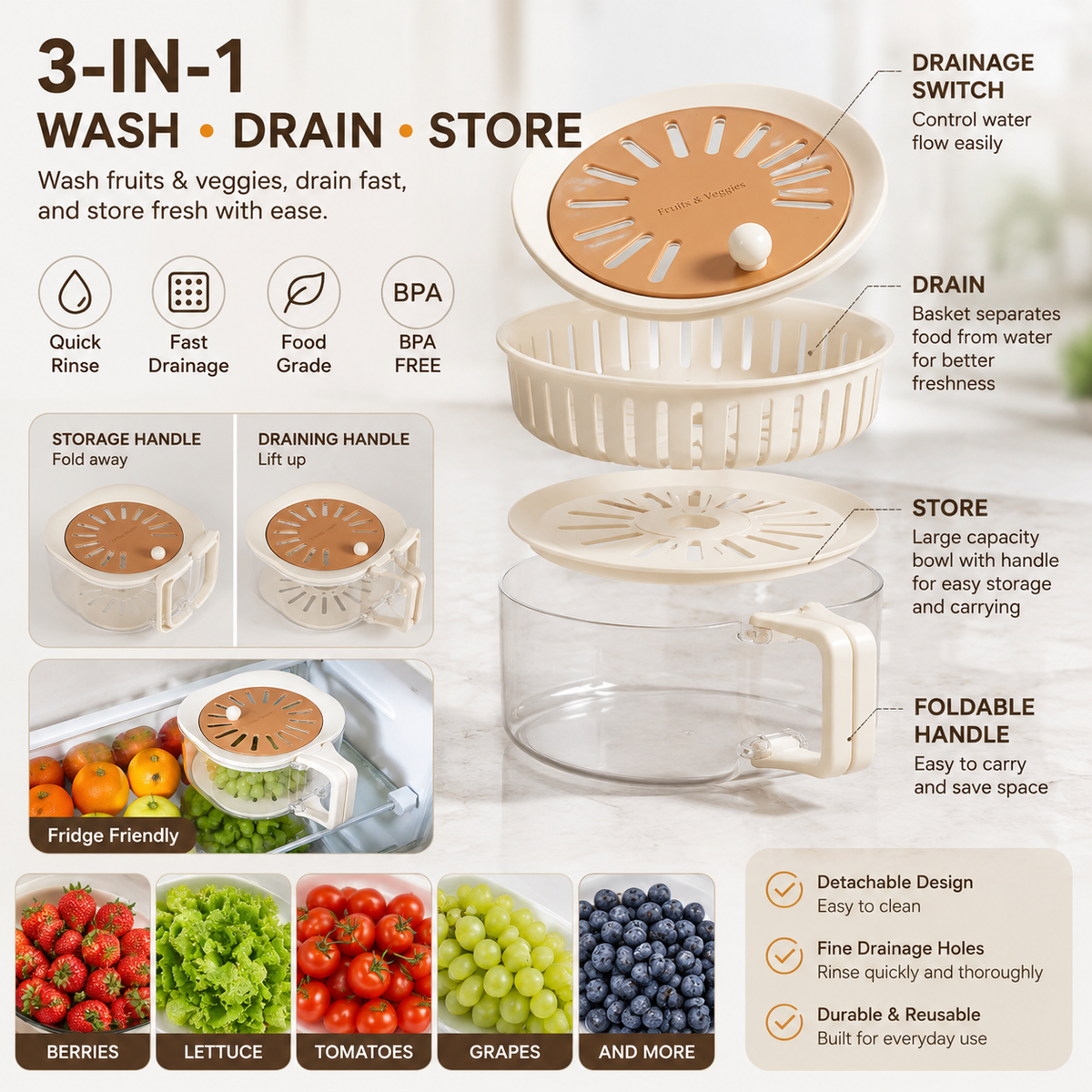 🥬 Tyiipro™  3-in-1 Fruit & Vegetable Washing Bowl with Strainer
