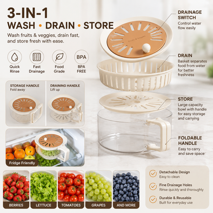🥬 Tyiipro™  3-in-1 Fruit & Vegetable Washing Bowl with Strainer