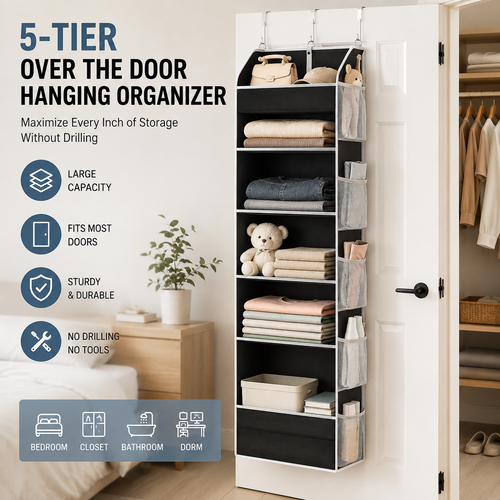 5-Tier Over The Door Hanging Organizer | Large Capacity Closet Storage Organizer with Reinforced Shelves