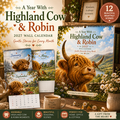 2027 Highland Cow & Robin Wall Calendar | Cozy British Countryside Calendar with Gentle Monthly Stories | A4 Gift for Animal Lovers