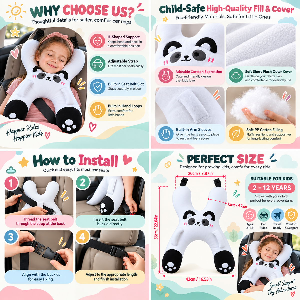 Tyiipro™ Kids Full-Body Car Travel Pillow – Cute Animal Travel Cushion for Road Trips & Naps
