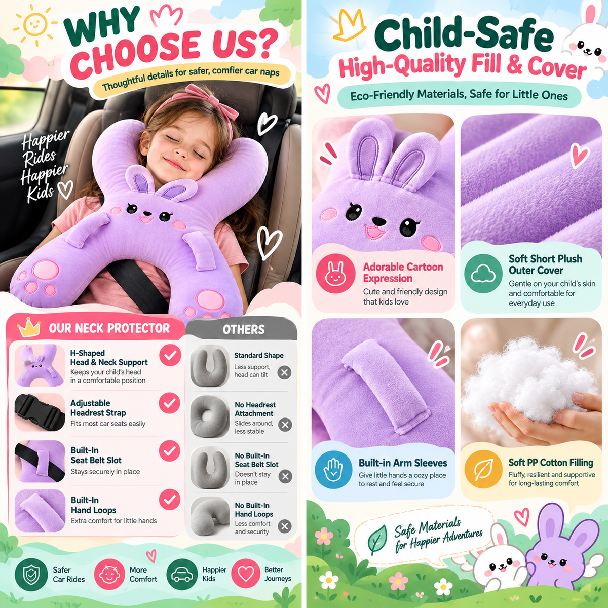 Tyiipro™ Kids Full-Body Car Travel Pillow – Cute Animal Travel Cushion for Road Trips & Naps