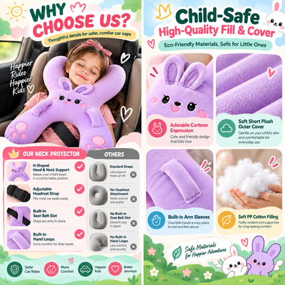 Tyiipro™ Kids Full-Body Car Travel Pillow – Cute Animal Travel Cushion for Road Trips & Naps