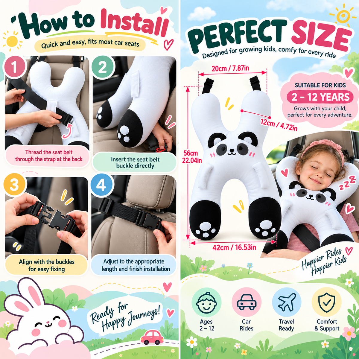 Tyiipro™ Kids Full-Body Car Travel Pillow – Cute Animal Travel Cushion for Road Trips & Naps