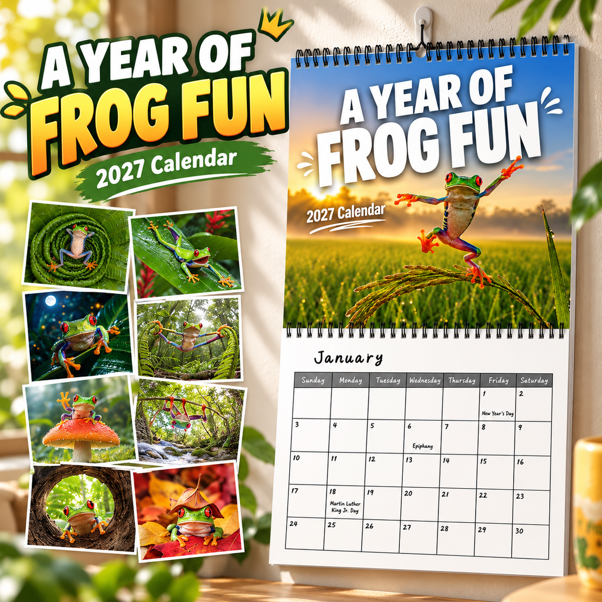 🐸 2027 Funny Frog Wall Calendar, 12-Month Spiral Planner With Notes