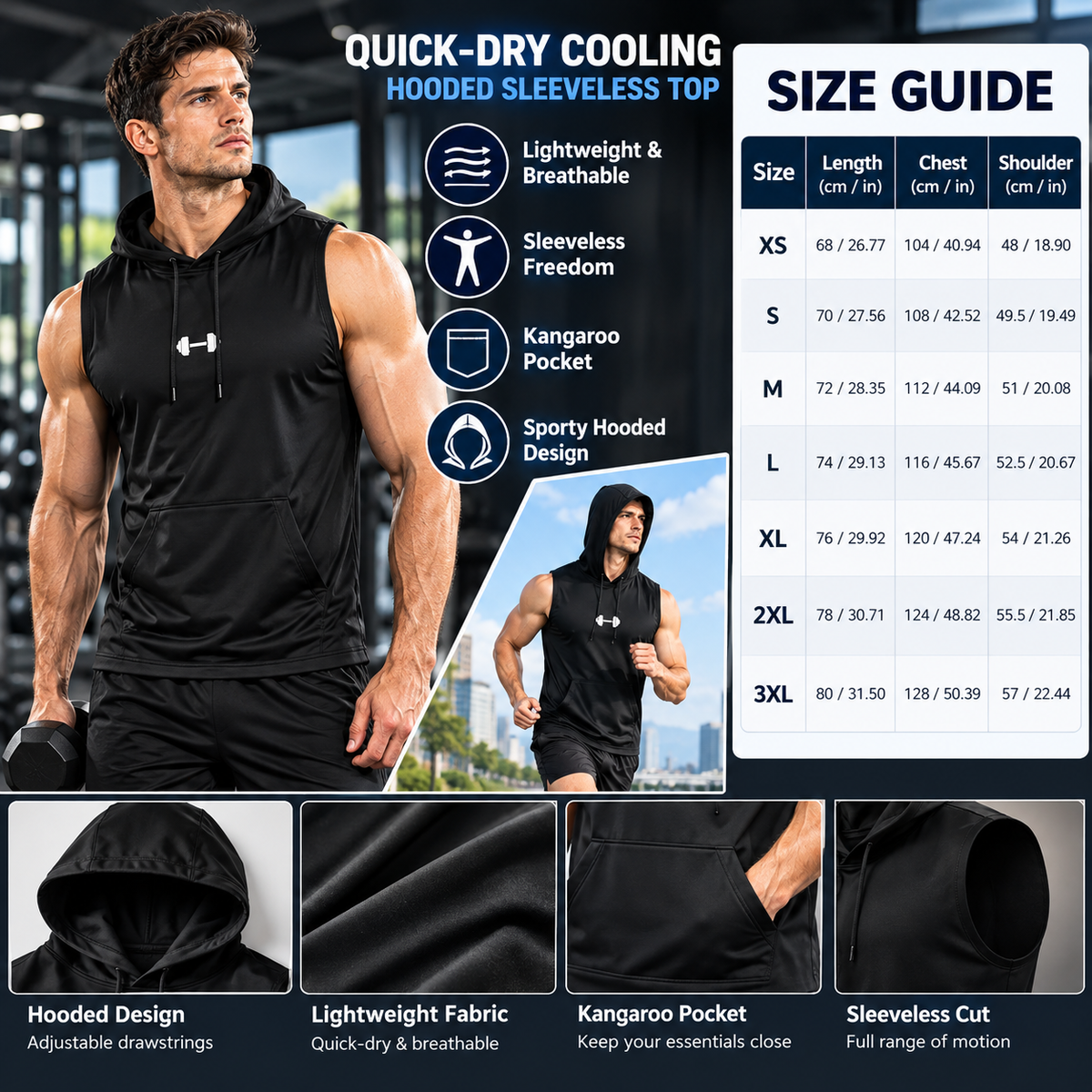 Tyiipro™ Men's Quick-Dry Hooded Sleeveless Tank Top – Lightweight Athletic Workout Shirt