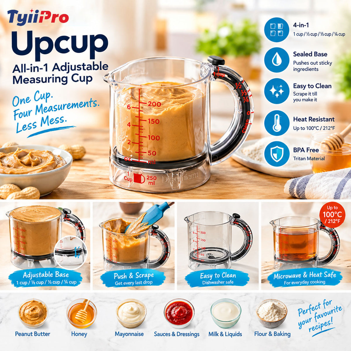 Tyiipro™ Adjustable All-in-One Measuring Cup – 1 Cup, ½ Cup, ⅓ Cup & ¼ Cup