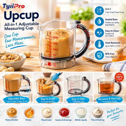 Tyiipro™ Adjustable All-in-One Measuring Cup – 1 Cup, ½ Cup, ⅓ Cup & ¼ Cup