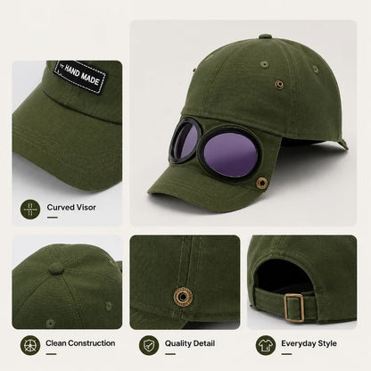 Vintage Goggles Baseball Cap with Pull-Down Goggles