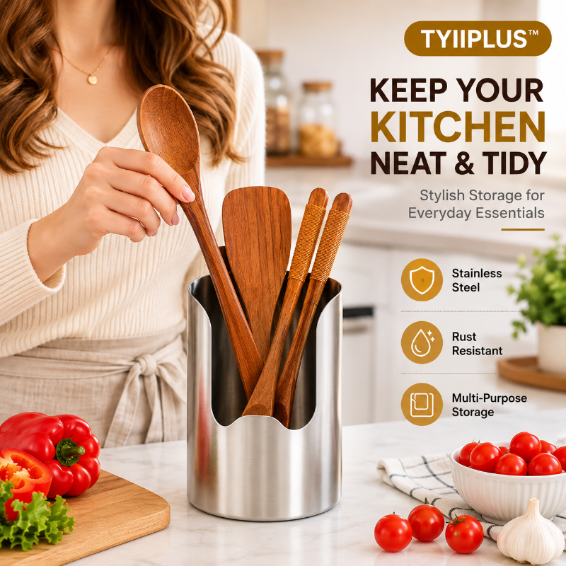 TYIIPRO™ Thickened Stainless Steel Utensil Holder – Rust-Resistant Kitchen Countertop Organizer for Spoons, Spatulas, Chopsticks & Multi-Purpose Storage