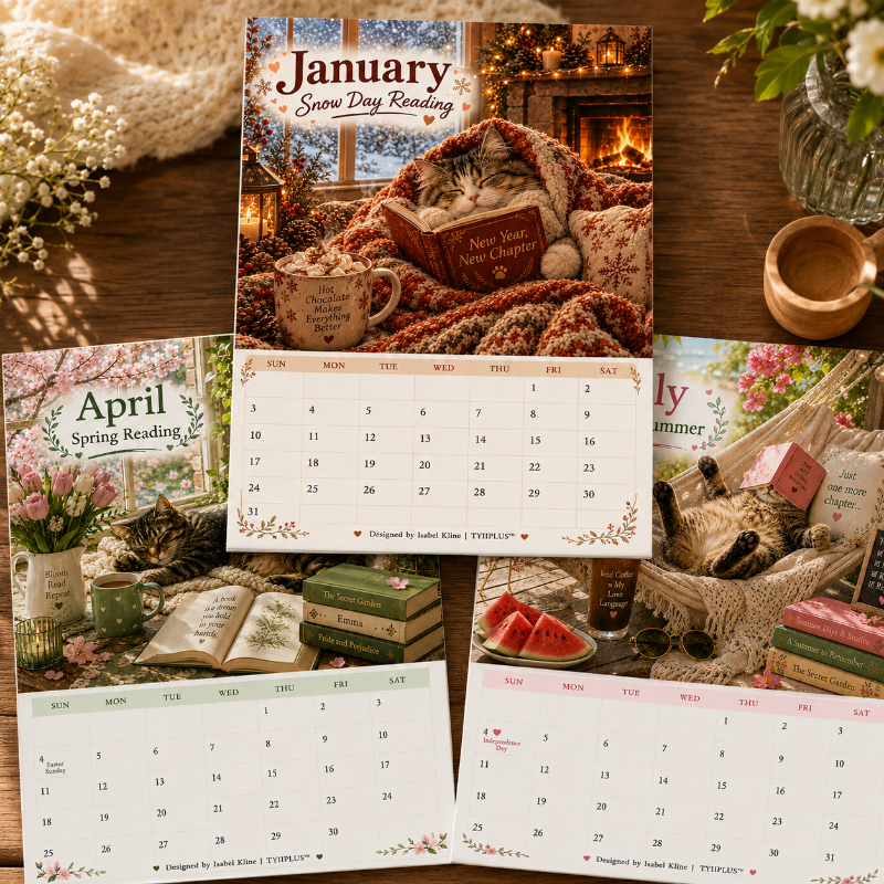 Cats Chillin' with Books™ 2027 Wall Calendar | A4 Cozy Cat & Book Lover Calendar | Designed by Isabel Kline