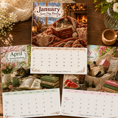Cats Chillin' with Books™ 2027 Wall Calendar | A4 Cozy Cat & Book Lover Calendar | Designed by Isabel Kline