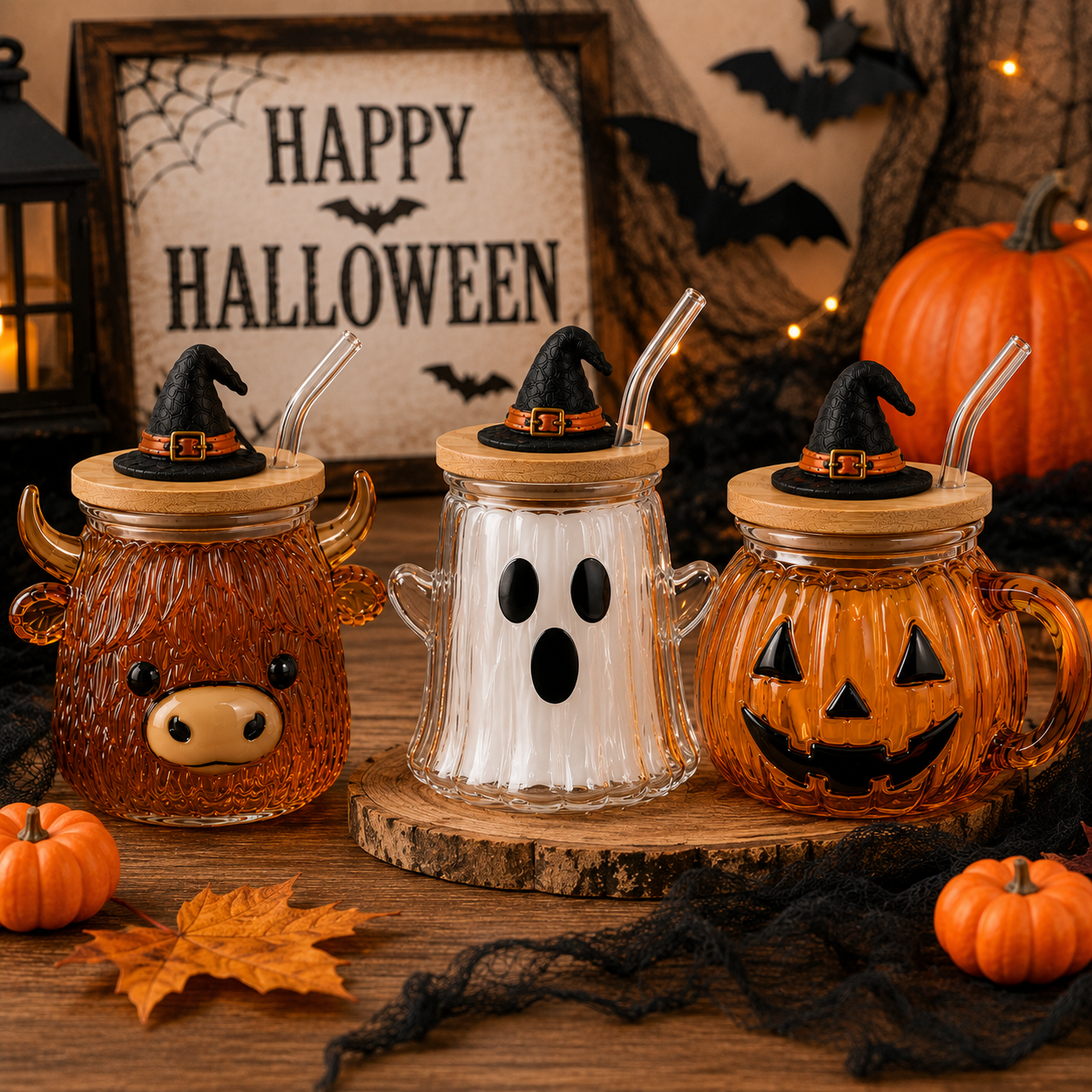 🎃 Halloween Glass Cup Collection – Highland Cow, Ghost & Pumpkin | 12oz Glass Cup with Wooden Lid & Straw