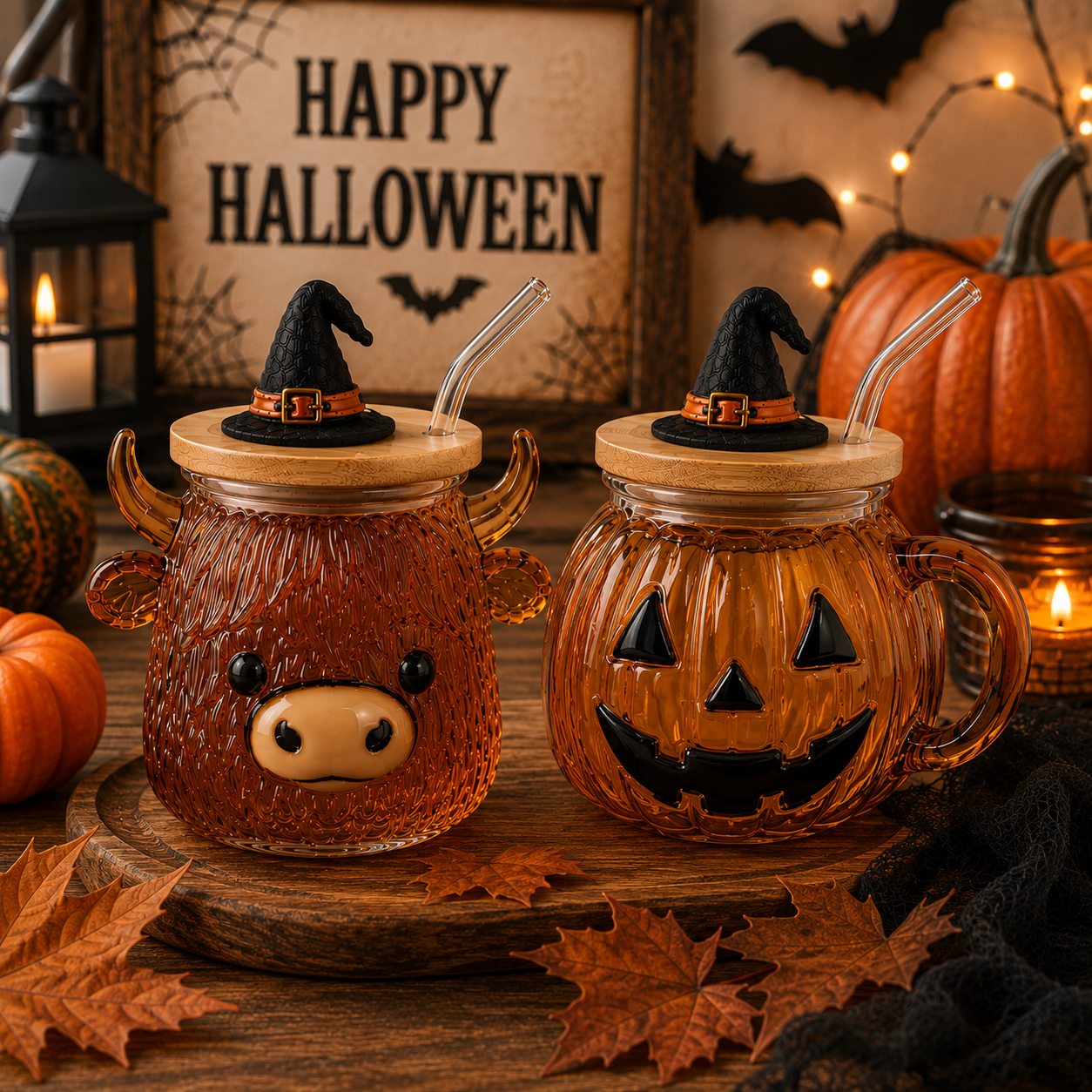 🎃 Halloween Glass Cup Collection – Highland Cow, Ghost & Pumpkin | 12oz Glass Cup with Wooden Lid & Straw