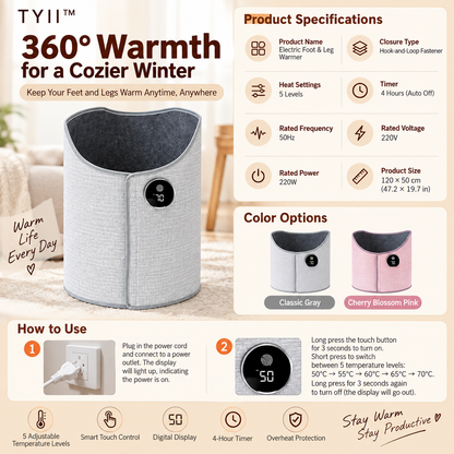 TYII™ 360° Electric Foot & Leg Warmer – 5-Level Under Desk Heater with Digital Display