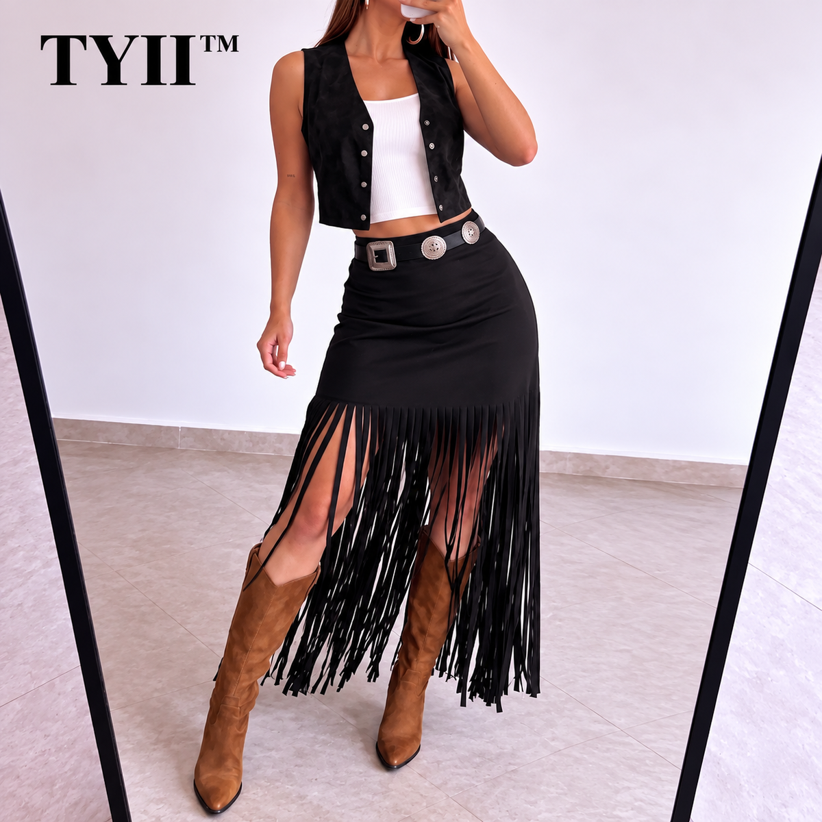 TYII™ Women's Y2K Western Fringe Midi Skirt – High-Waist Fitted Tassel Skirt
