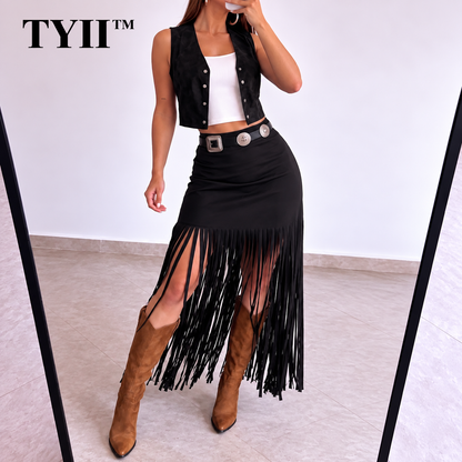 TYII™ Women's Y2K Western Fringe Midi Skirt – High-Waist Fitted Tassel Skirt