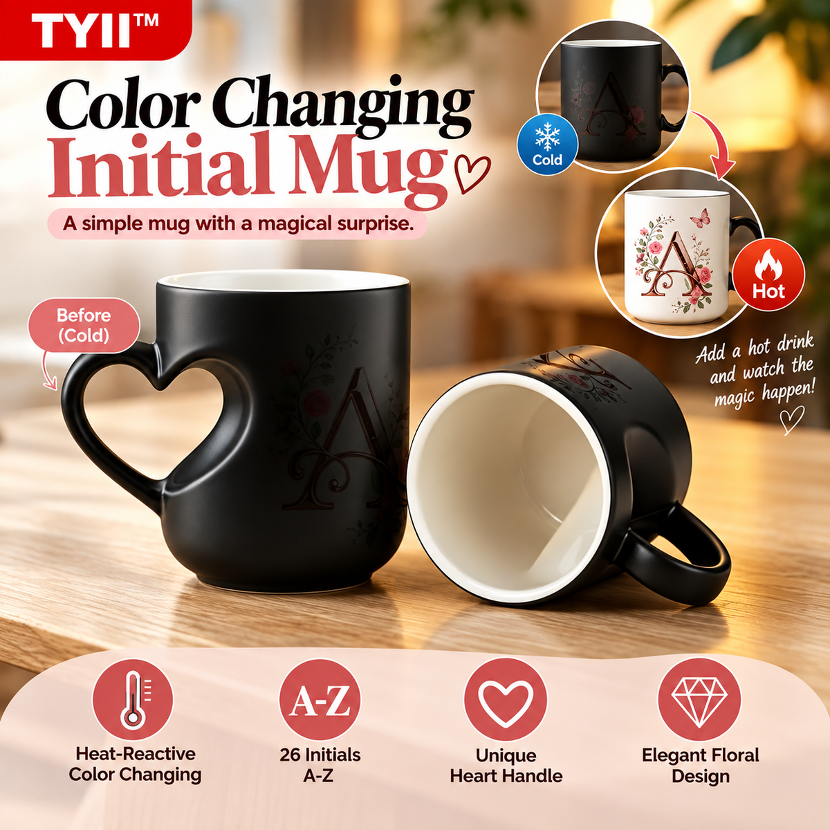 TYII™ Personalized Initial Color-Changing Mug – Heat-Reactive Floral Coffee Cup with Heart Handle, A–Z