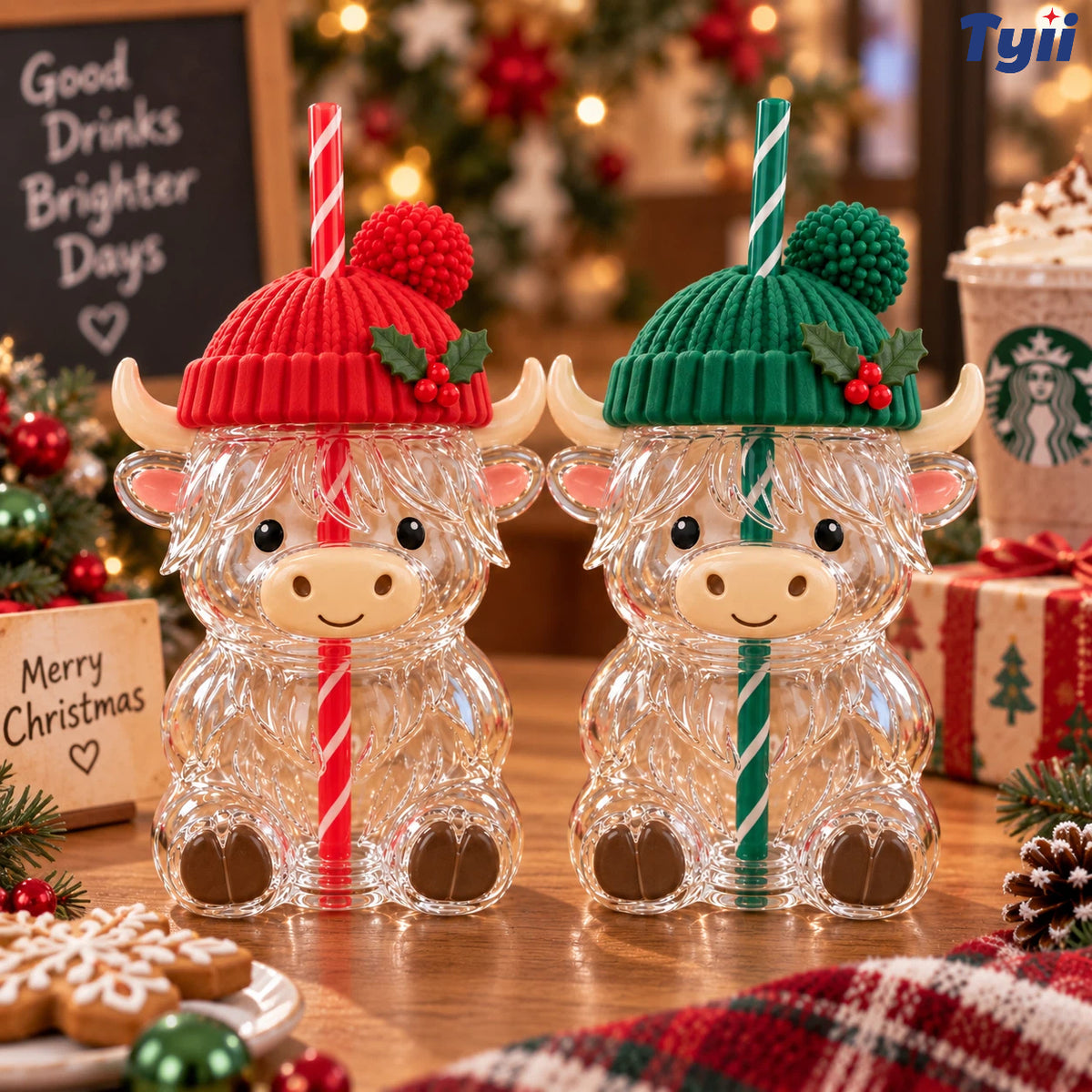 ❤️TYIIPRO™ Highland Cow Christmas Glass Cup with Straw – Cute Holiday Tumbler Gift