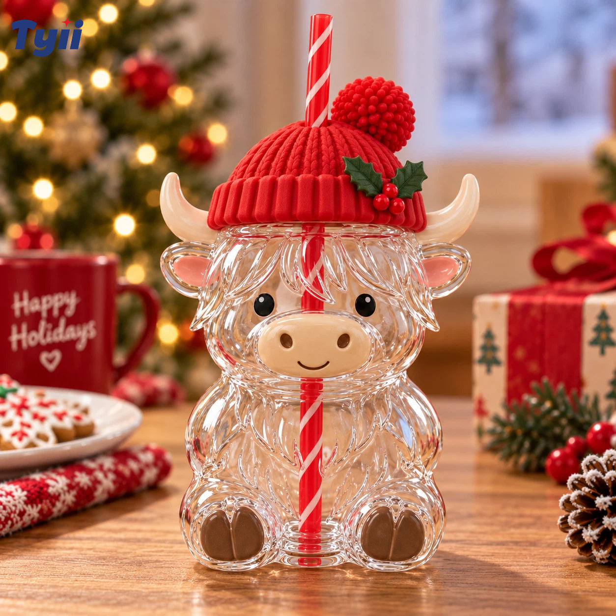 ❤️TYIIPRO™ Highland Cow Christmas Glass Cup with Straw – Cute Holiday Tumbler Gift