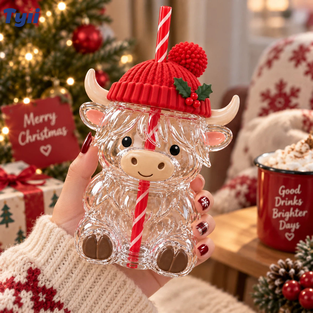 ❤️TYIIPRO™ Highland Cow Christmas Glass Cup with Straw – Cute Holiday Tumbler Gift