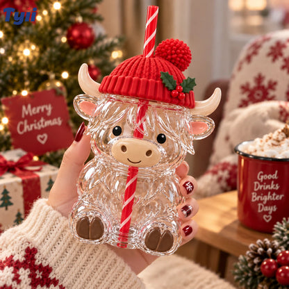 ❤️TYIIPRO™ Highland Cow Christmas Glass Cup with Straw – Cute Holiday Tumbler Gift