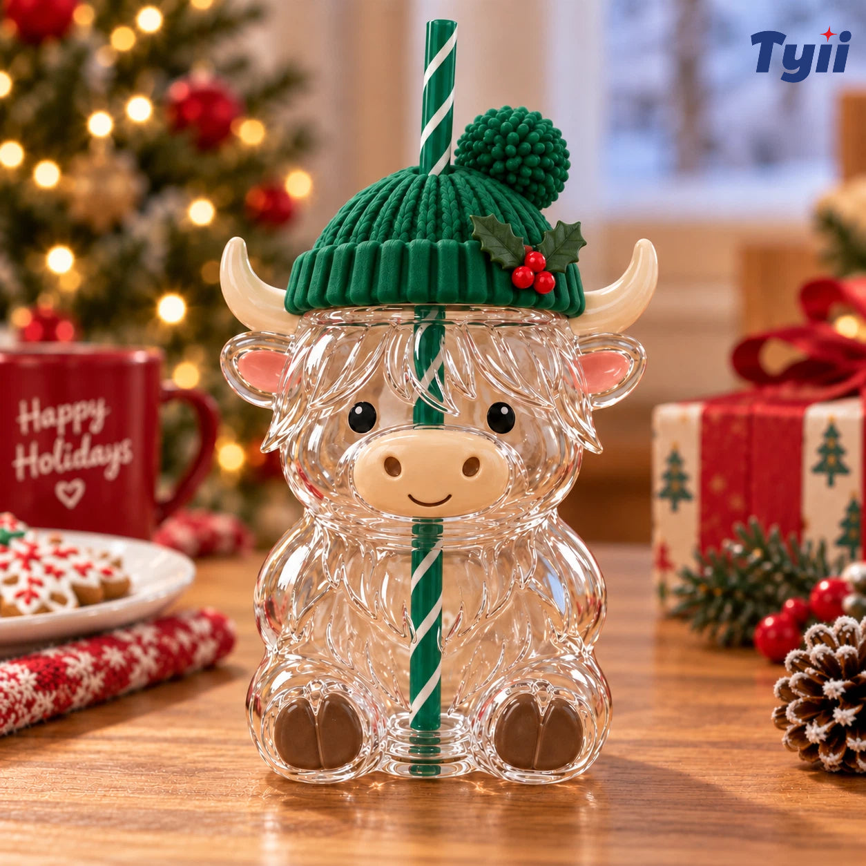 ❤️TYIIPRO™ Highland Cow Christmas Glass Cup with Straw – Cute Holiday Tumbler Gift