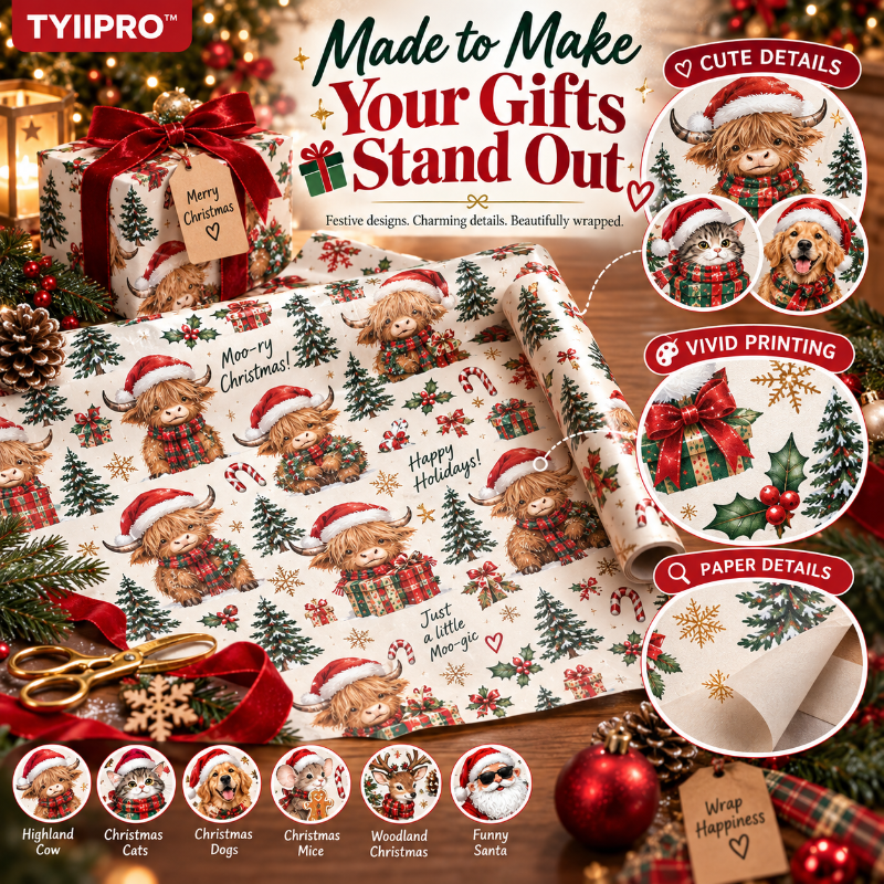 TYIIPRO™ Christmas Wrapping Paper – Cute & Funny Holiday Gift Wrap, 6 Festive Designs