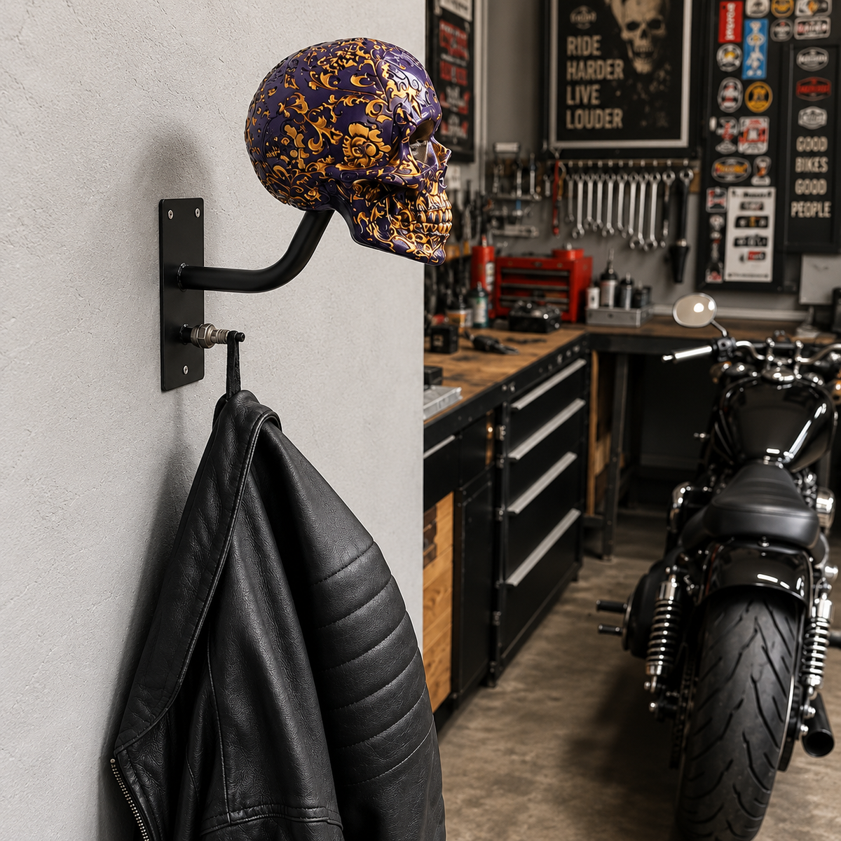 TYIIPRO™ Skull Motorcycle Helmet Holder – Punk Skull Wall Mount Rack for Helmets, Jackets & Garage Decor