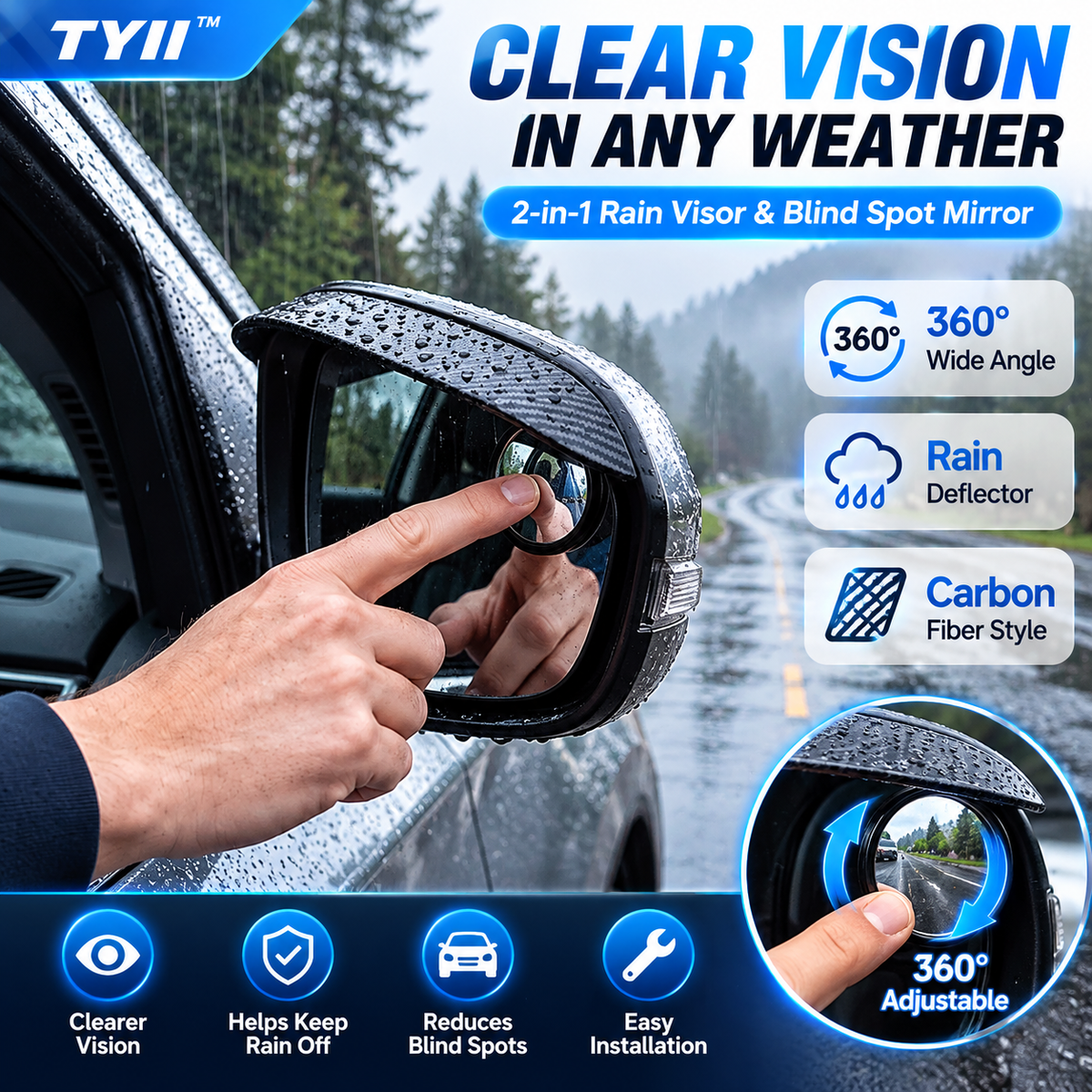 TYII™ 2-in-1 Rearview Mirror Rain Visor & 360° Blind Spot Mirror – Carbon Fiber Style, Universal Car Accessories