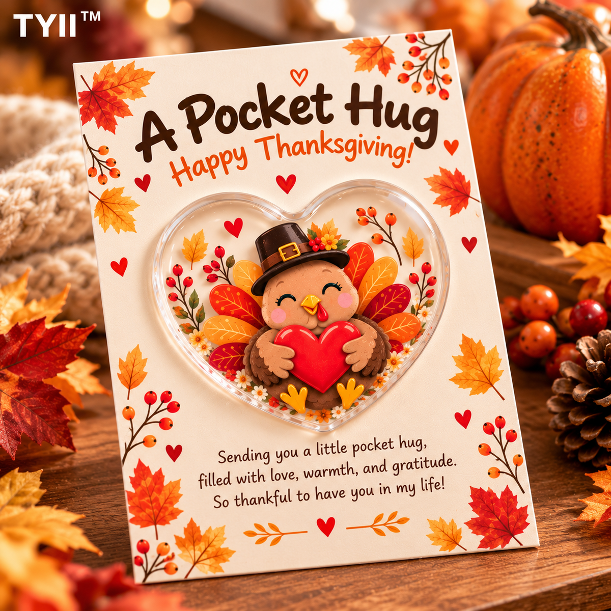 TYII™ Thanksgiving Turkey Pocket Hug – Heart-Shaped Acrylic Keepsake with Greeting Card, Cute Thanksgiving Appreciation Gift