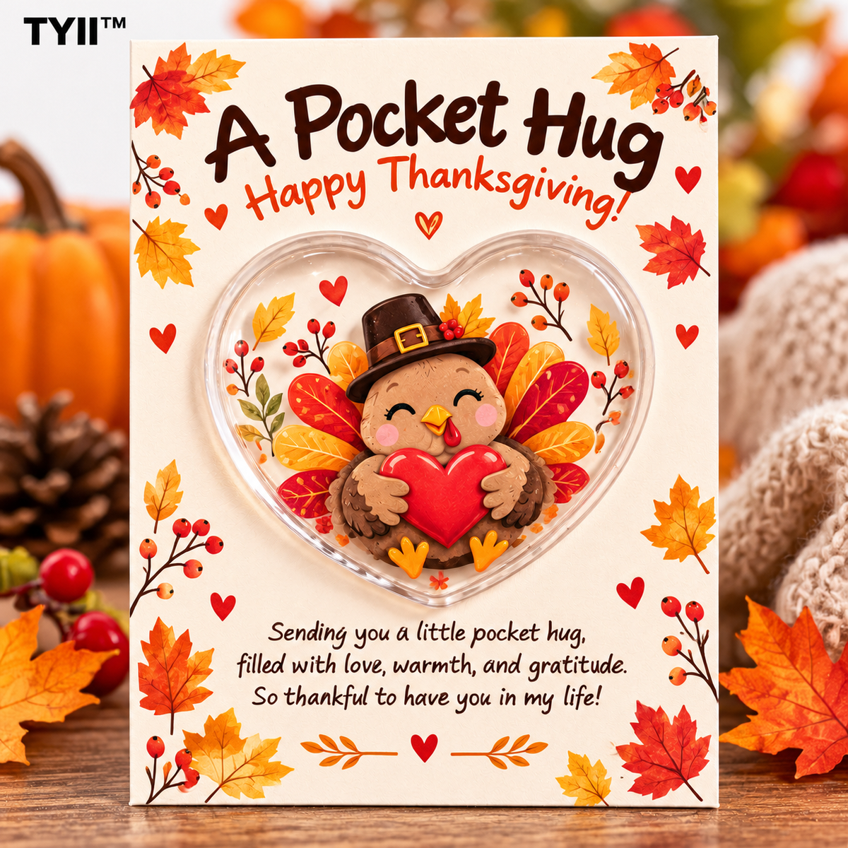 TYII™ Thanksgiving Turkey Pocket Hug – Heart-Shaped Acrylic Keepsake with Greeting Card, Cute Thanksgiving Appreciation Gift