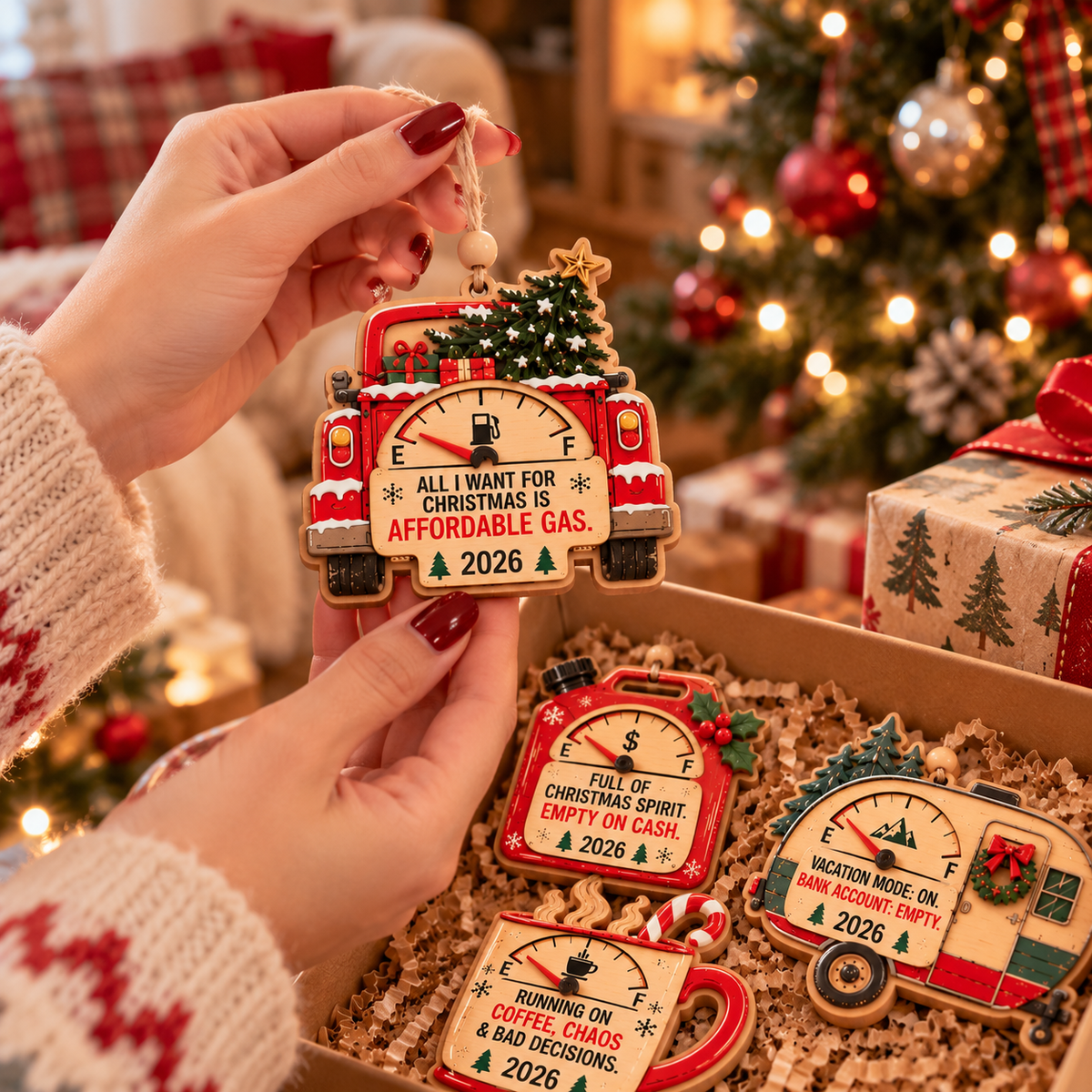 2026 Funny Christmas Wooden Ornaments – Humorous Gas, Coffee & Money Decorations, White Elephant Gifts | TYII™