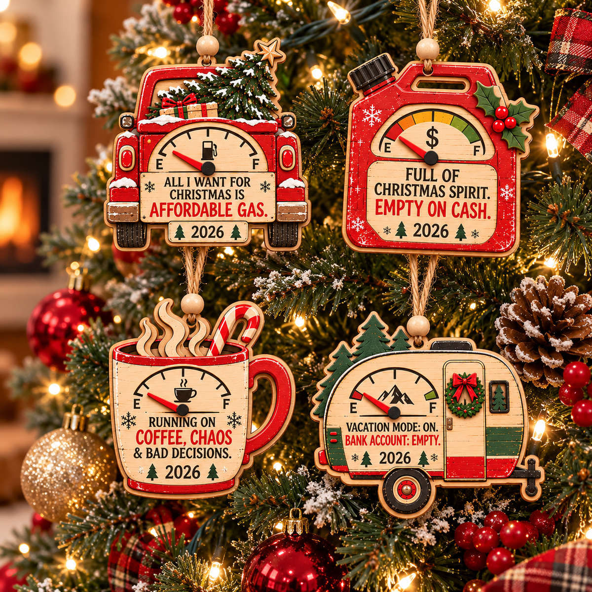 2026 Funny Christmas Wooden Ornaments – Humorous Gas, Coffee & Money Decorations, White Elephant Gifts | TYII™